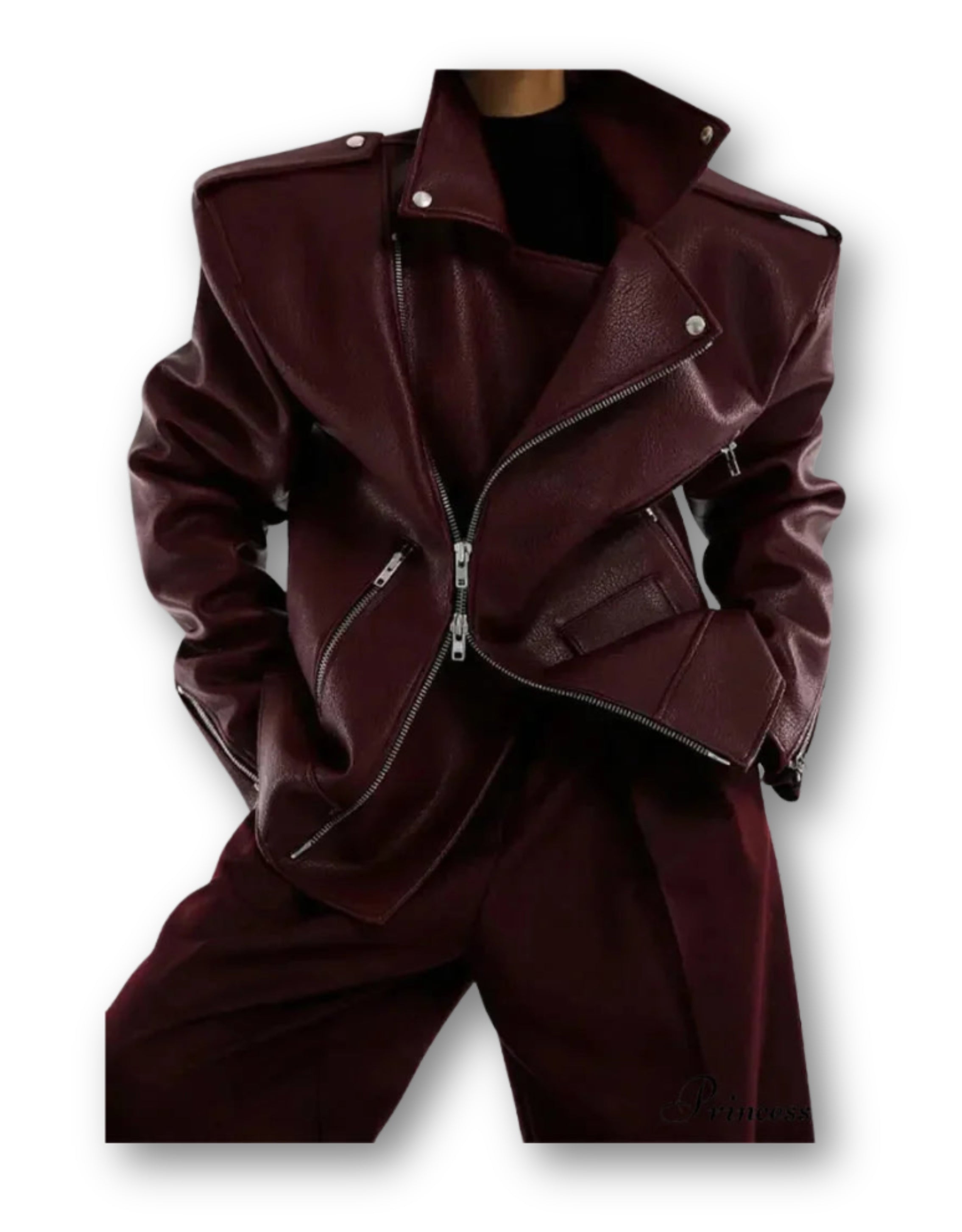 Leather Biker Jacket - Burgundy