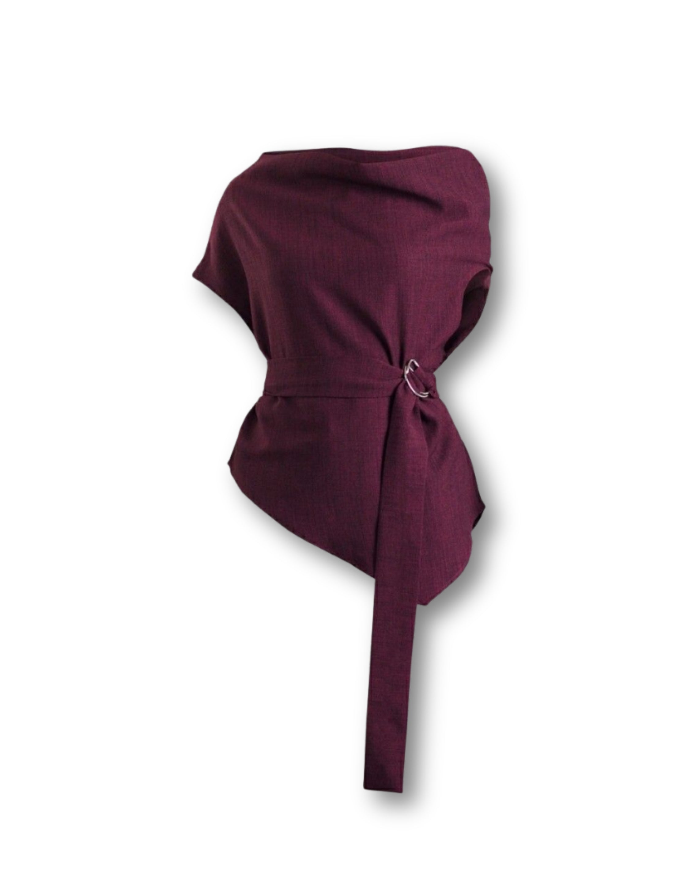 Draped Asymmetric Top with Belt - Wine Red