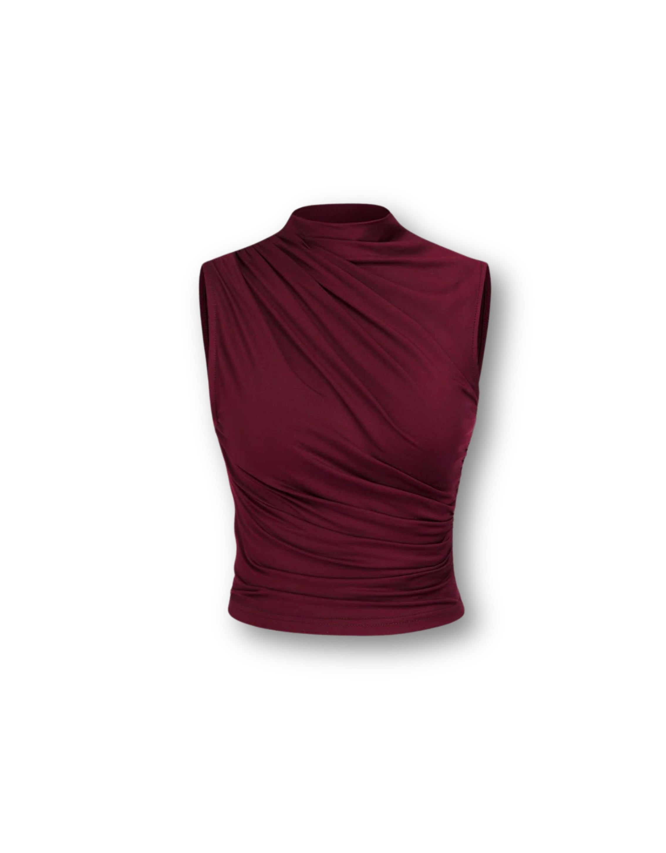 Ruched Mock Neck Top - Burgundy